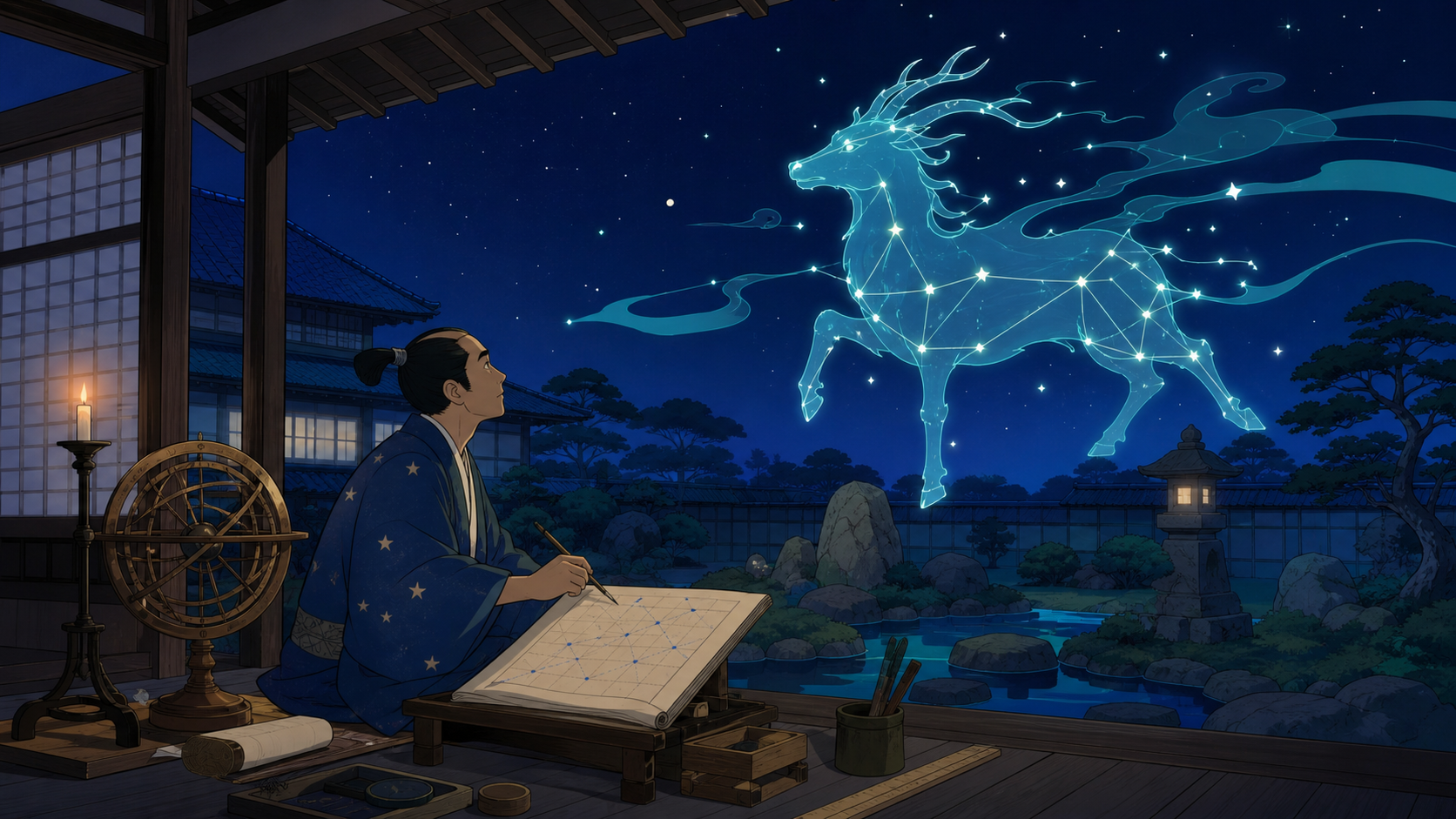 An Edo-period astronomer mapping a constellation that has descended into the garden, grounded in convincing period materials with one restrained supernatural event. Wide narrative composition with period architecture gui