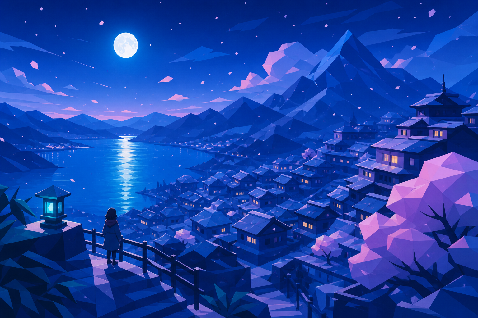 A hillside town waking beneath the first impossible pink snowfall, shown during a fleeting natural event residents quietly anticipate each year. Tranquil landscape panorama with a strong foreground-to-distance rhythm. Ul