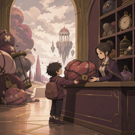 A child returning oversized worries to a quiet lost-and-found office, with gentle surrealism and a hopeful emotional turn. Intimate character view connected to a larger surreal env