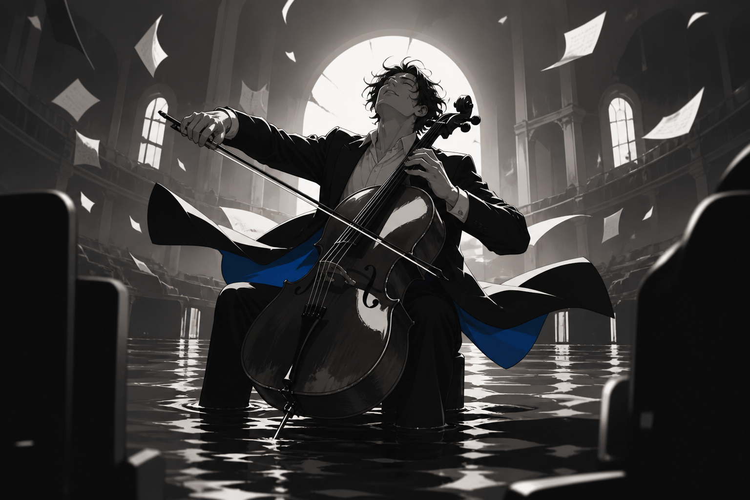 An adult cellist performing alone in a flooded concert hall, captured at the emotional peak of the performance. Intimate low-angle concert view with dramatic foreground silhouettes. Soft monochrome with a single saturate