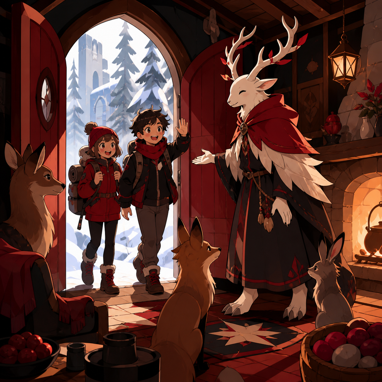 Teen hikers guided home by a polite antlered forest spirit, on a gentle journey through large simplified woodland forms. Eye-level storybook frame centered on the unlikely friendship. Crimson, black cherry, muted bronze,