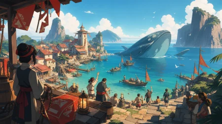 A coastal village preparing for the annual arrival of gentle sea giants, under clear morning light with every route easy to read. Elevated coastal composition balancing settlement,