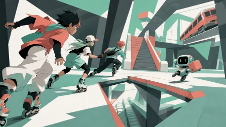 Roller skaters racing a mischievous service robot through a transit hub, through a sequence of clearly readable obstacles and route choices. Dynamic foreground pass with the next o