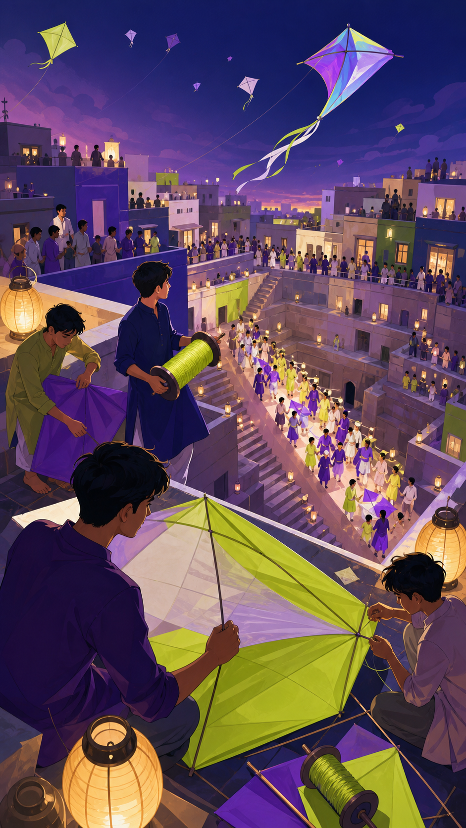 Kite makers preparing a rooftop neighborhood competition, during an ambitious performance or competition before a large crowd. Busy street panorama organized around one bright procession. Acid lime, ultraviolet, matte na