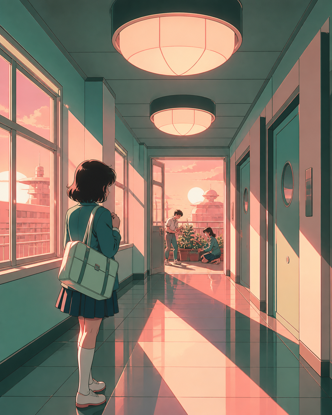 A shy transfer student discovering the rooftop gardening group, after classes when long sunlight fills otherwise empty corridors. Corridor perspective leading toward one small discovery. Celadon, coral pink, ink black, a