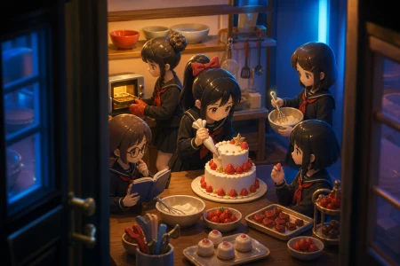A cooking club attempting an elaborate dessert with one tiny oven, during the final practice before a small public presentation. Doorway-framed candid scene with several small conn