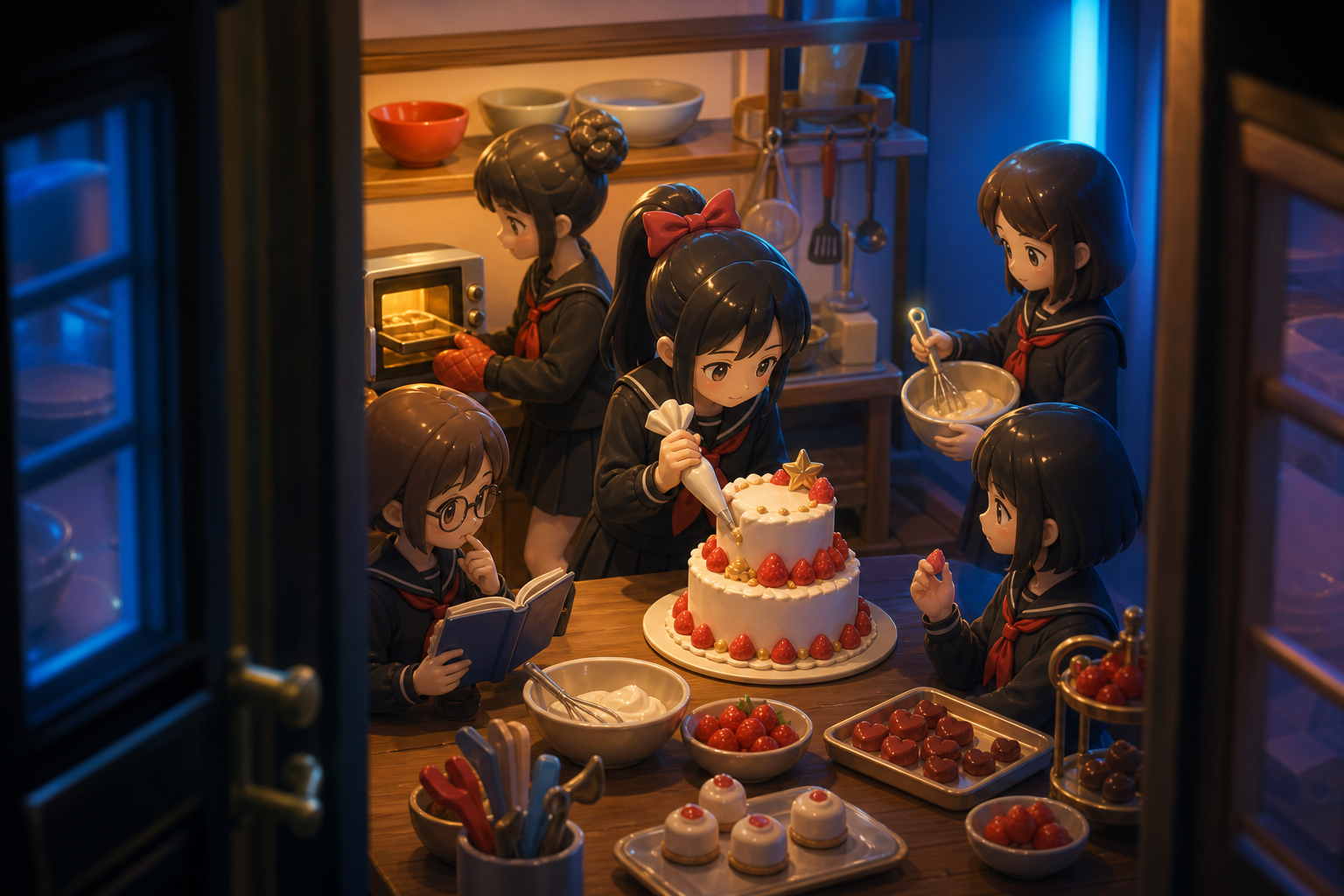 A cooking club attempting an elaborate dessert with one tiny oven, during the final practice before a small public presentation. Doorway-framed candid scene with several small connected moments. Pine black, snow blue, ce