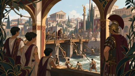 Legionaries building a bridge across a fast frontier river, as public spectacle collides with ordinary working life. Street-height panorama looking through arches toward the civic 