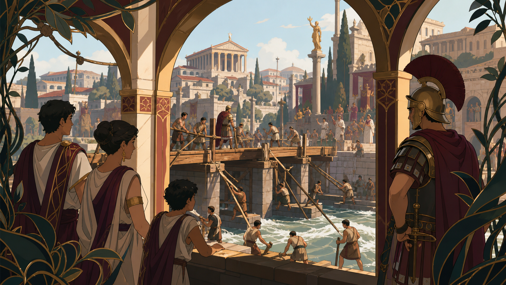 Legionaries building a bridge across a fast frontier river, as public spectacle collides with ordinary working life. Street-height panorama looking through arches toward the civic center. Burgundy, midnight green, bone w