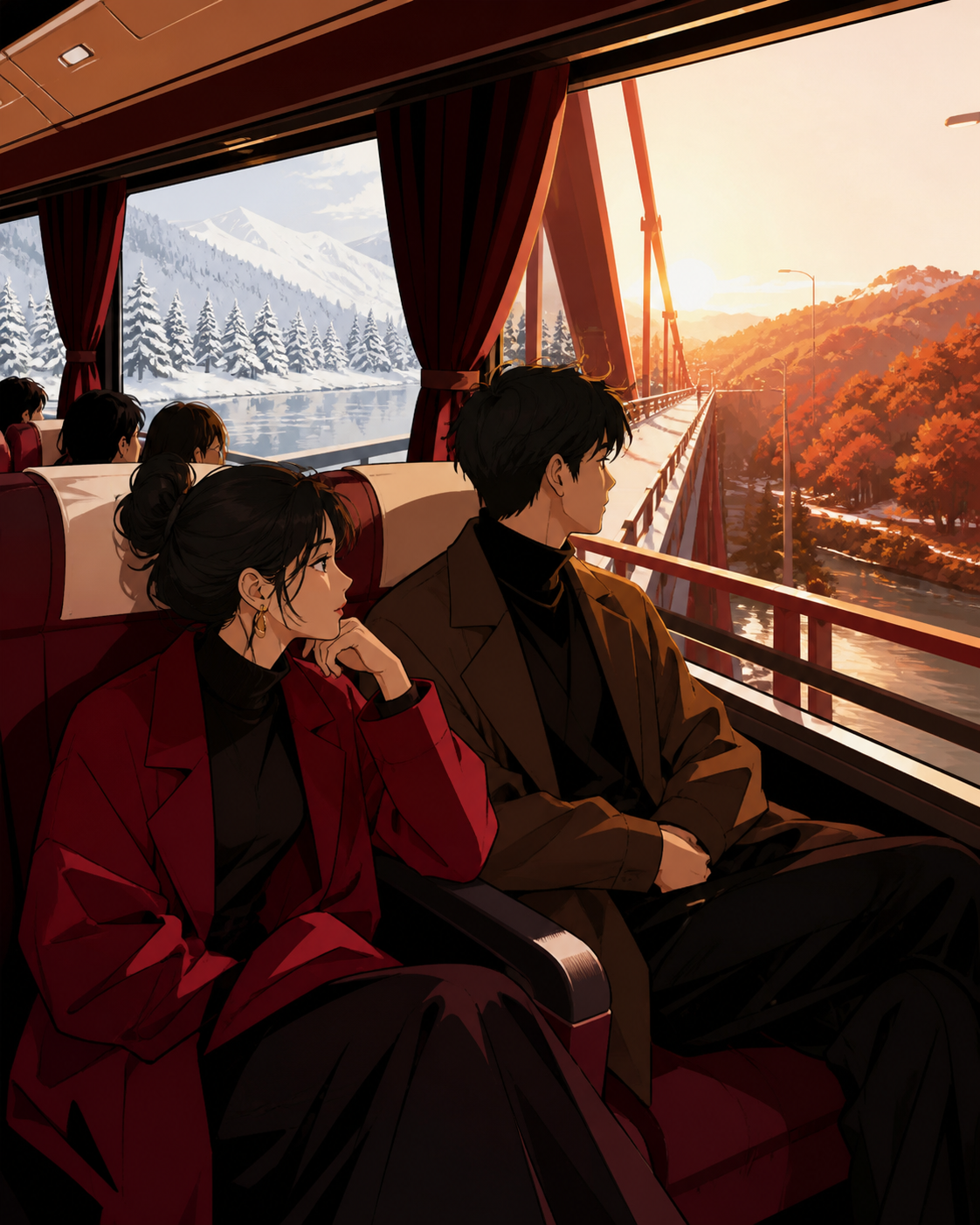 An overnight bus crossing a bridge that briefly passes through another season, when one shared observation changes the atmosphere among the passengers. Window-side two-person composition with the journey visible beyond. 