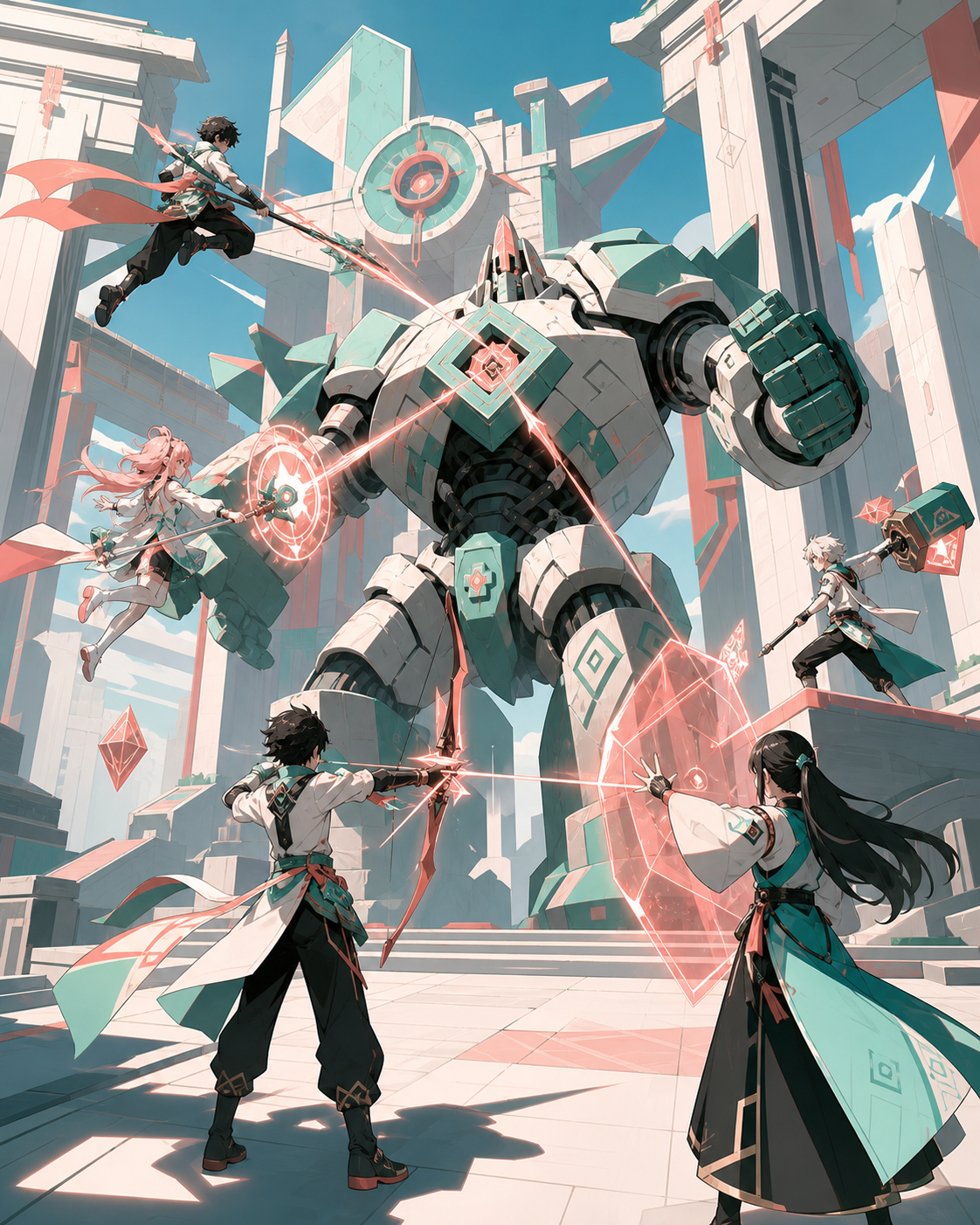 Young academy heroes coordinating against a giant training construct, at the moment separate actions connect into one clear plan. Wide ensemble action tableau with each role readable independently. Celadon, coral pink, i
