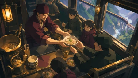 An adult noodle chef serving commuters aboard a narrow mountain railway, as one simple shared meal brings unfamiliar people together. Overhead-leaning composition organized by hand