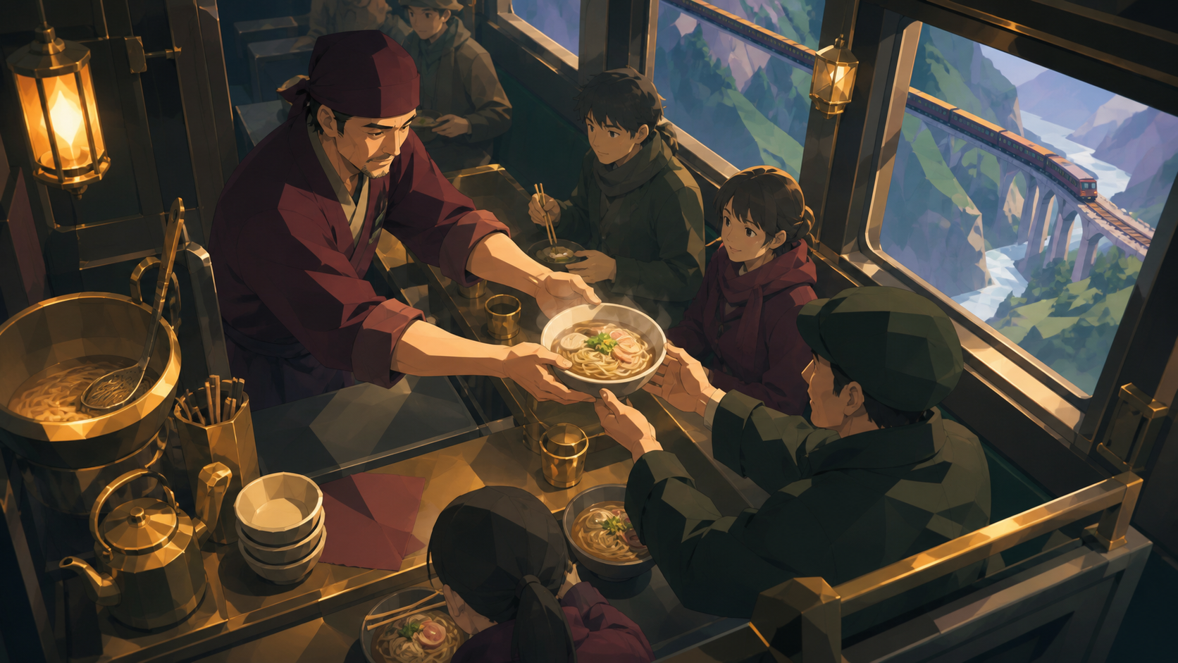 An adult noodle chef serving commuters aboard a narrow mountain railway, as one simple shared meal brings unfamiliar people together. Overhead-leaning composition organized by hands, bowls, and serving rhythm. Burgundy, 