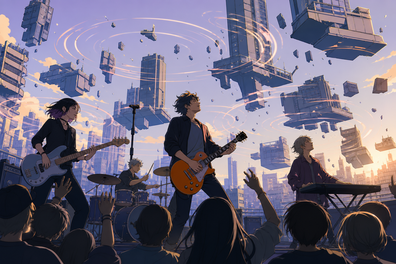 A rooftop rock band playing while the surrounding city slowly levitates, seen from within the audience as sound visibly transforms the environment. Intimate low-angle concert view with dramatic foreground silhouettes. Pa