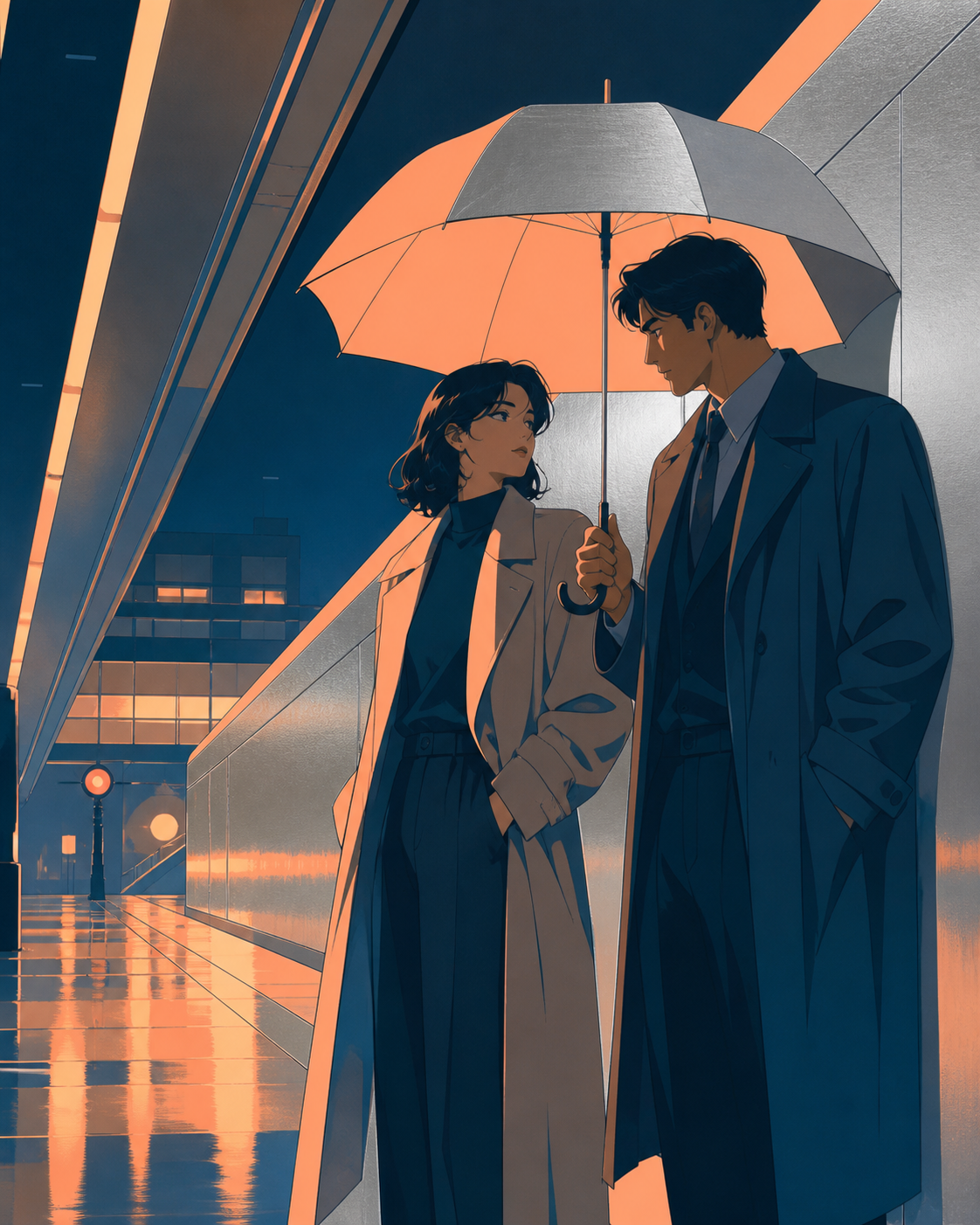Two adult rivals sharing an umbrella after missing the last train, during a bittersweet transition with the environment carrying the emotion. Cinematic two-person frame using architecture and negative space to express th
