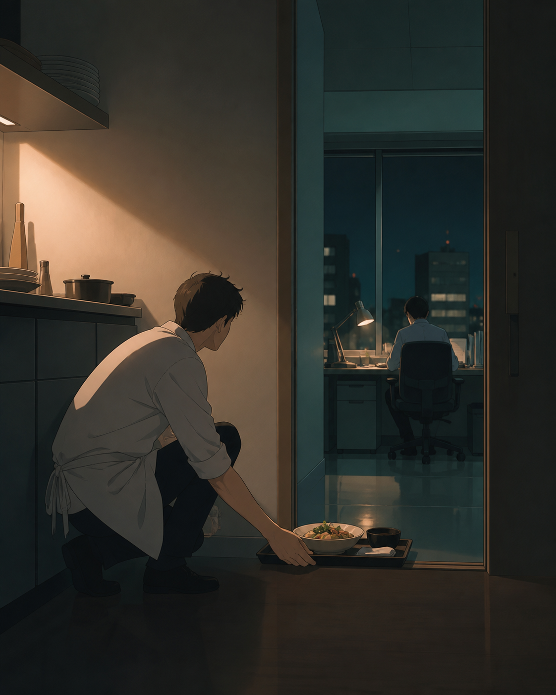 An adult chef leaving a quiet midnight meal for someone working late, during a bittersweet transition with the environment carrying the emotion. Observational long shot where one small gesture becomes the focal point. Se
