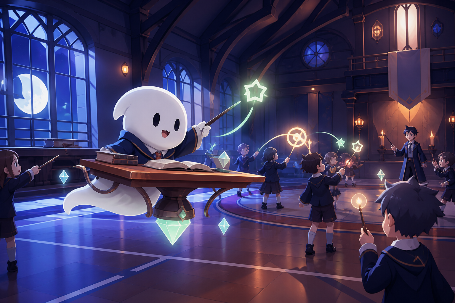 A chibi ghost attending lessons through a desk designed for floating, on an ordinary school day shaped by one magical rule. Gym or courtyard view organized around one supervised exercise. Moonlit indigo, oxidized copper,