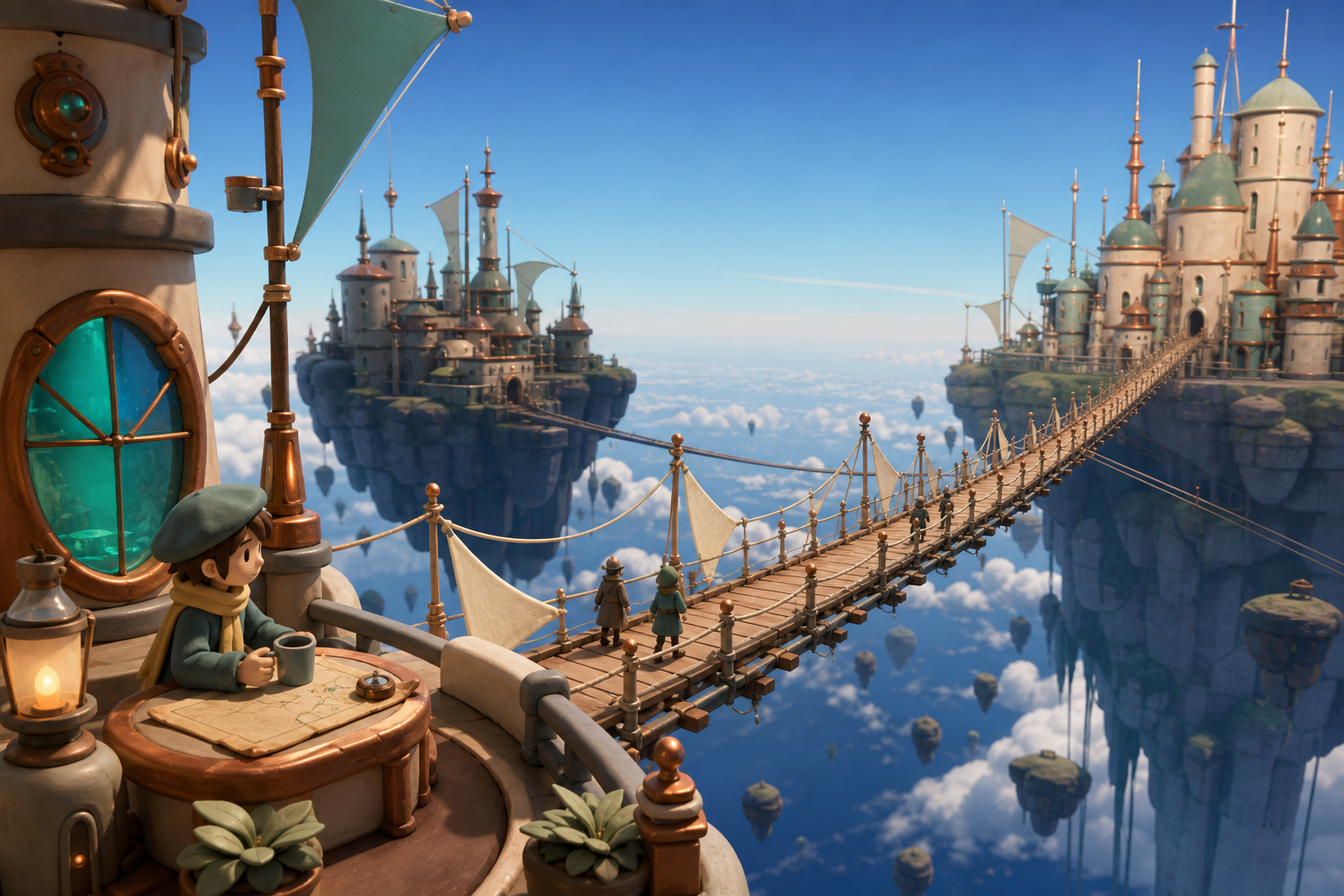 An impossibly long pedestrian bridge connecting two moving sky kingdoms, during clear morning weather that reveals the depth below. Vertigo-inducing vertical composition balanced by a calm foreground activity. Moonlit in