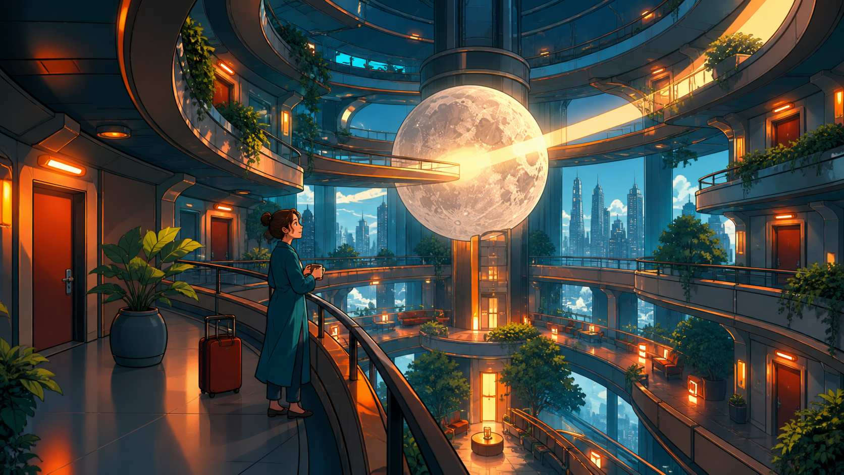 An impossible hotel whose hallways curve around a captive moon, as sunlight passes through it in physically impossible directions. Architectural hero view with controlled symmetry and deep spatial layers. Petrol blue, ox