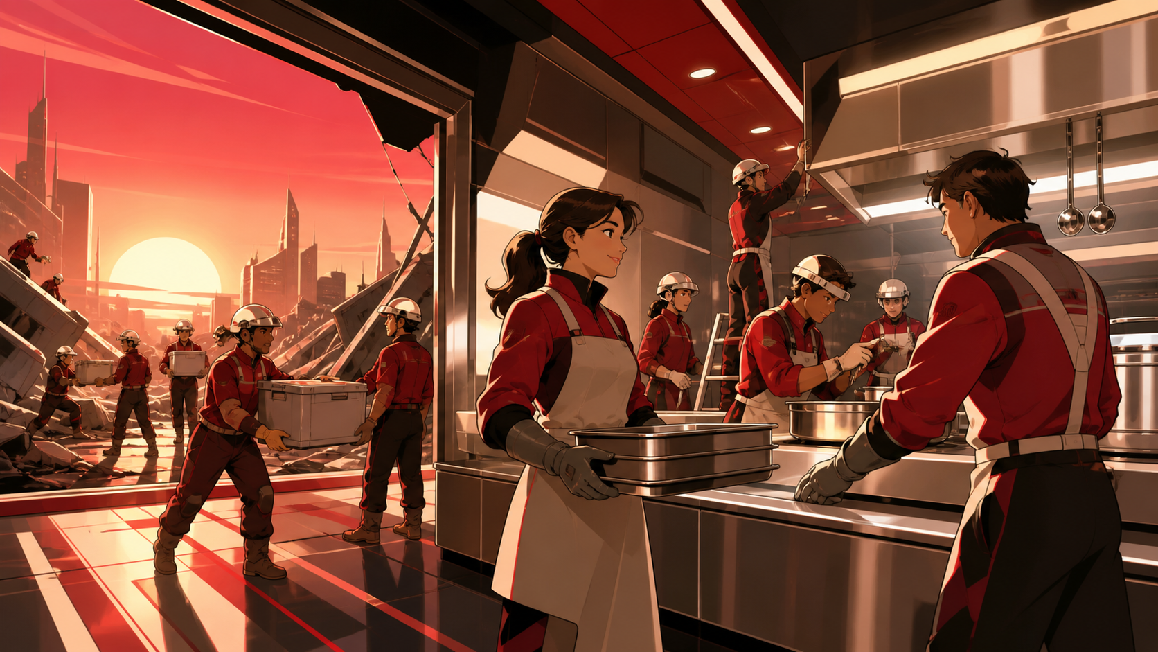 Adult volunteers reopening a community kitchen after the city briefly lost gravity, focused on competence, cooperation, and the first sign of relief. Wide operational scene with a clear route from danger toward safety. C