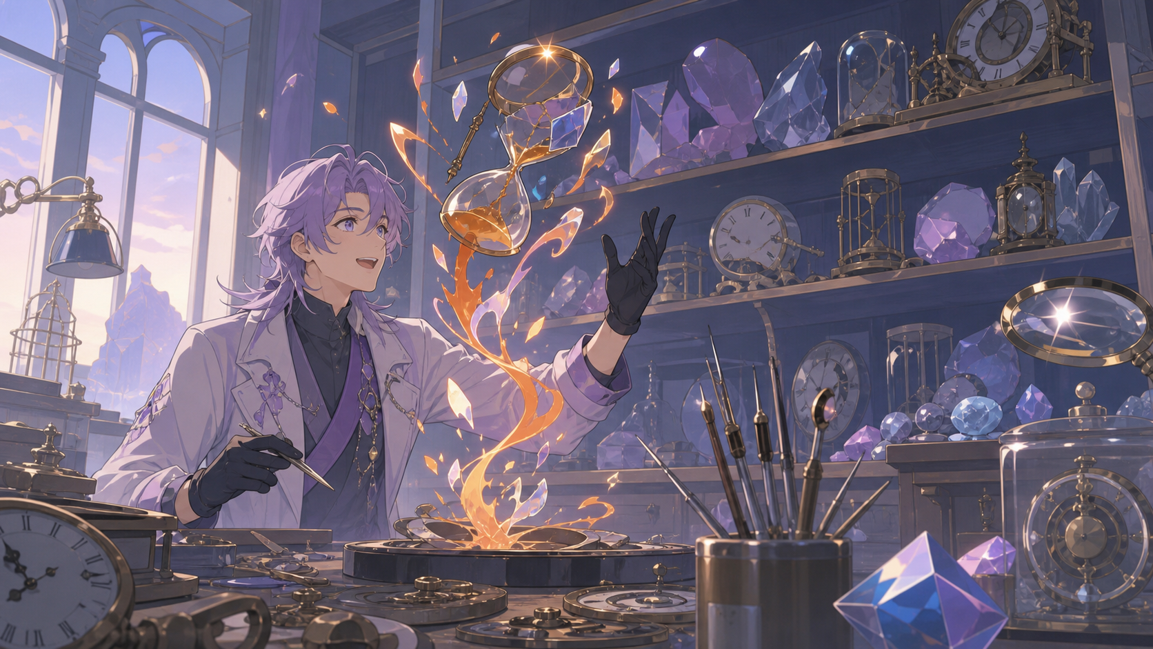 A clock repair shop specializing in broken moments rather than machines, at the moment one experiment produces an unexpectedly beautiful result. Close observational composition layered with tools in foreground and active