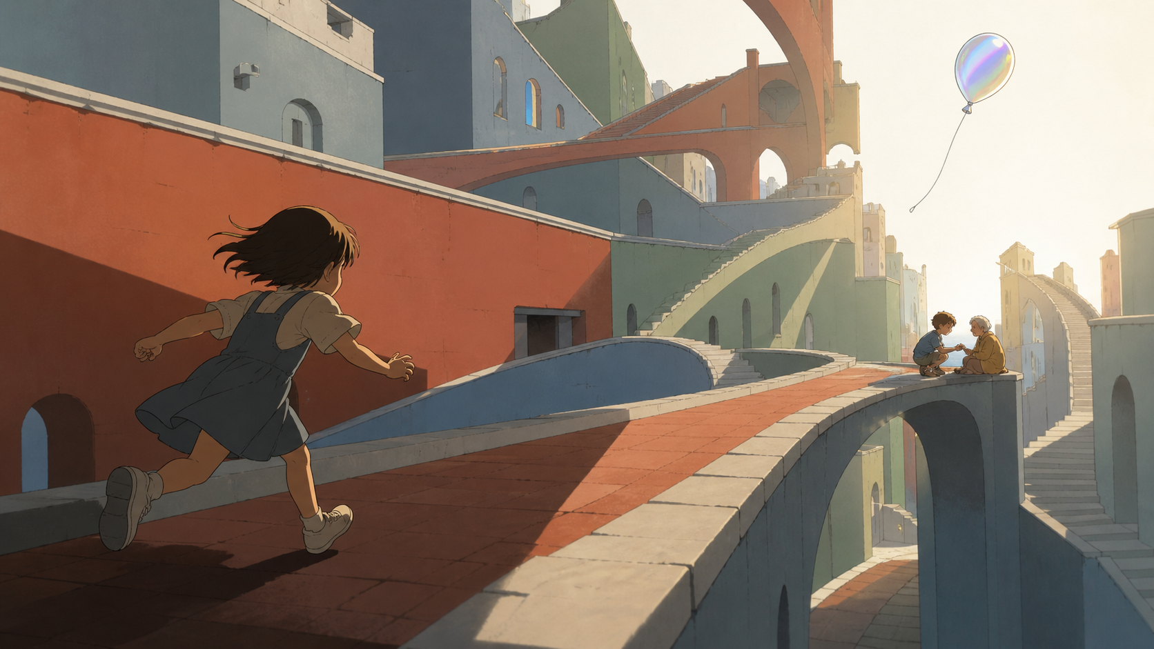 A child following their escaped balloon into increasingly impossible streets, at the moment the pursued character unexpectedly stops to help someone. Wide lateral chase frame with pursuer and destination both visible. Cl