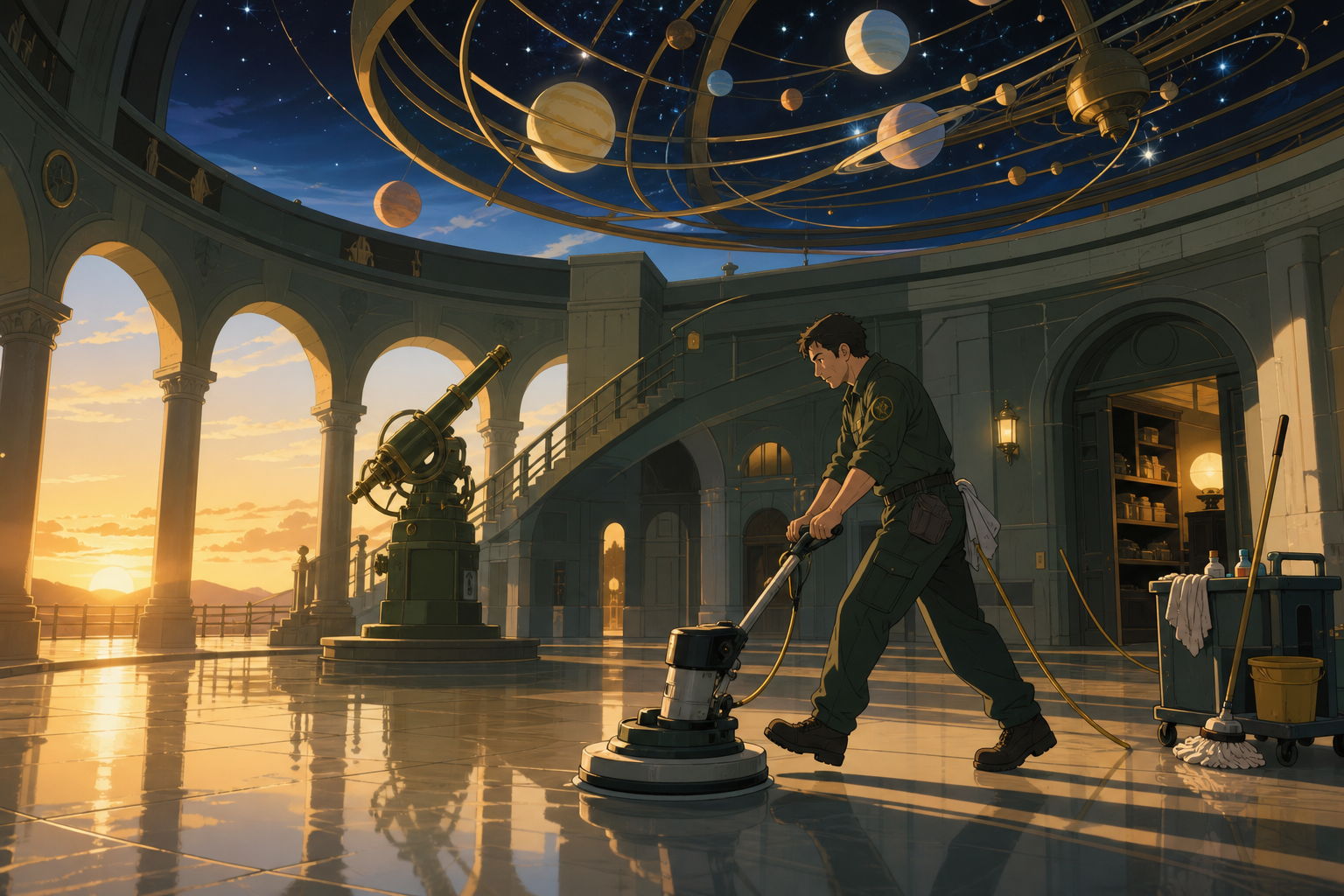 An adult observatory custodian polishing the floor beneath a moving indoor sky, during the private-feeling hour when public spaces belong to their workers. Intimate counter-side composition surrounded by empty architectu