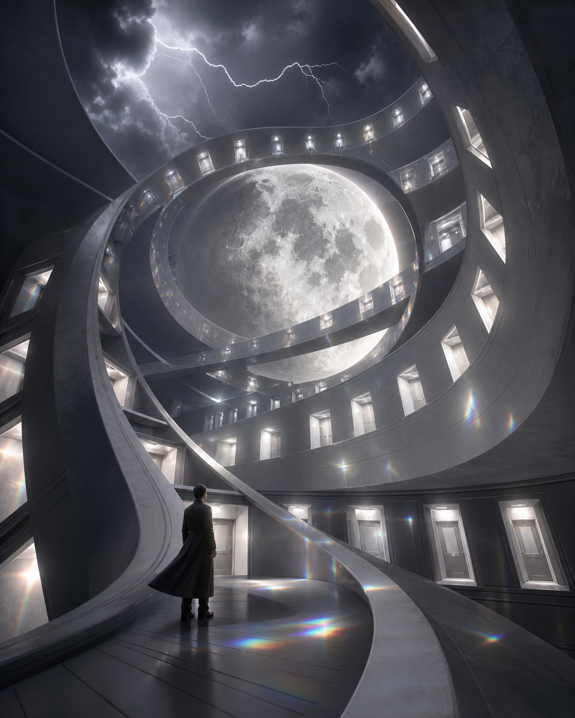 An impossible hotel whose hallways curve around a captive moon, during a storm that illuminates every interior room at once. Dramatic vertical composition emphasizing scale and impossible geometry. Monochrome graphite wi