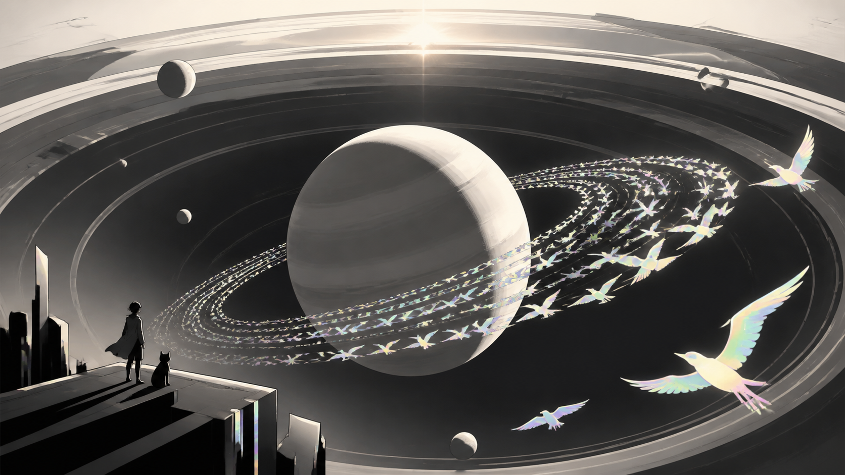 A ringed planet whose rings are made from migrating luminous birds, at the calm center of a vast gravitational phenomenon. Graphic celestial composition organized around a bold circular form. Monochrome graphite with sel