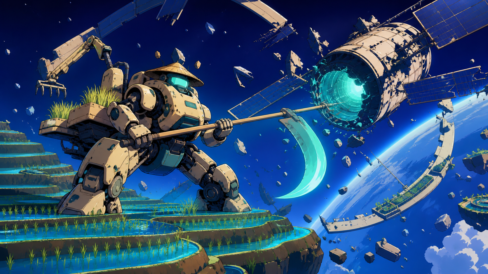 An agricultural mecha defending terraced rice fields from a falling satellite, fighting in zero gravity among fragments of a ruined orbital garden. Wide cinematic action tableau frozen at the clearest dramatic instant. U