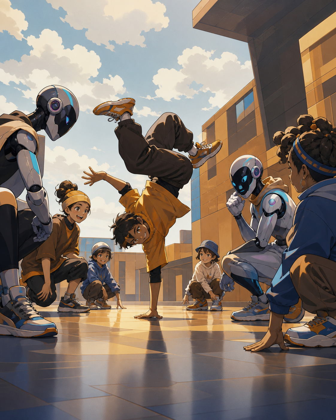Android performers learning improvisation from neighborhood children, during a joyful collaboration that begins as a competition. Ensemble reaction frame with one dancer suspended at the focal instant. Amber, walnut brow