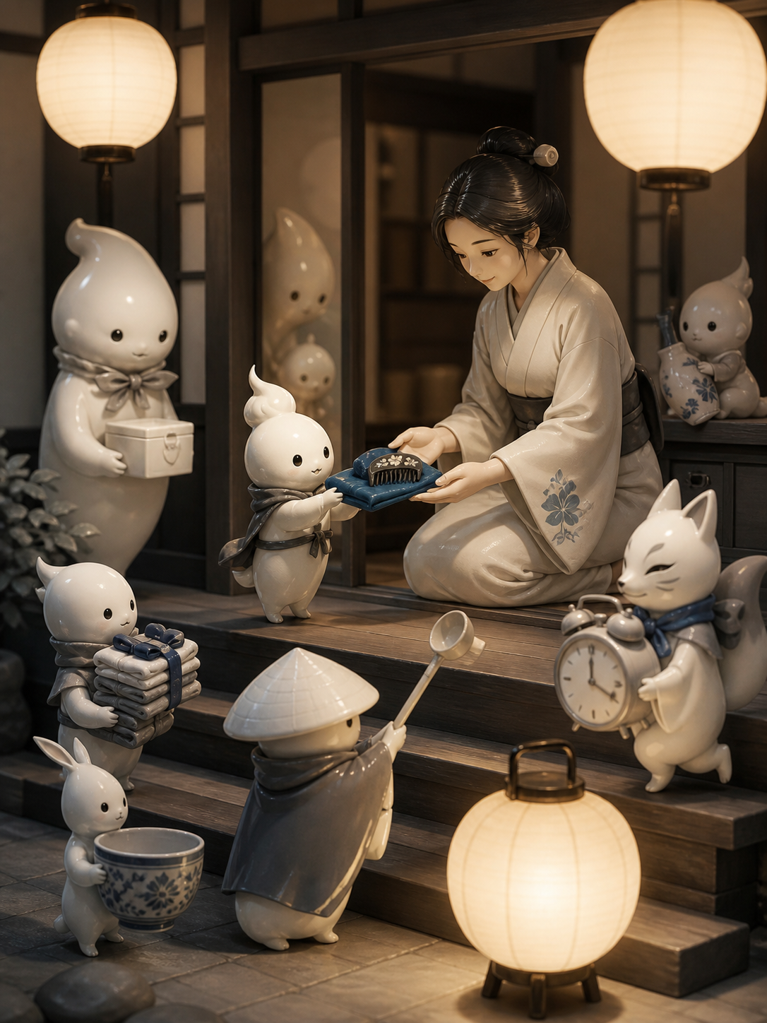 A procession of forgotten household spirits returning borrowed objects, during a quiet festival after all human visitors have gone home. Storybook narrative scene with a clear beginning and implied aftermath. Soft monoch