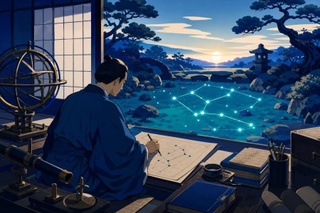 An Edo-period astronomer mapping a constellation that has descended into the garden, at dawn after a discovery quietly changes their understanding of the world. Painterly historica