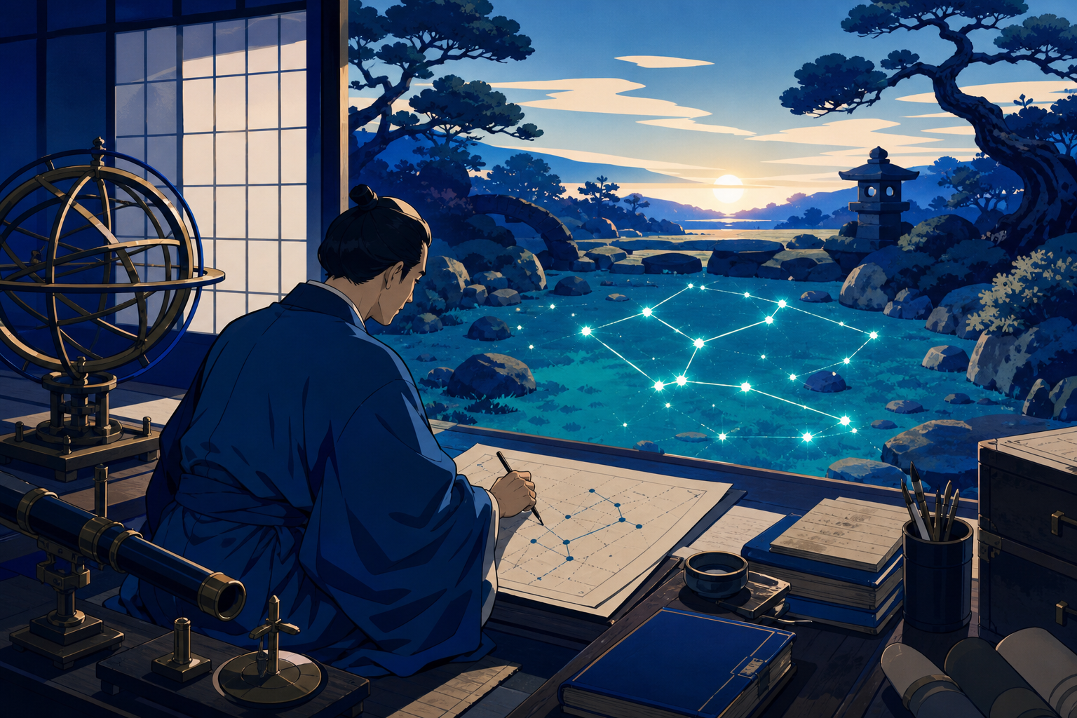 An Edo-period astronomer mapping a constellation that has descended into the garden, at dawn after a discovery quietly changes their understanding of the world. Painterly historical scene centered on work, place, and atm