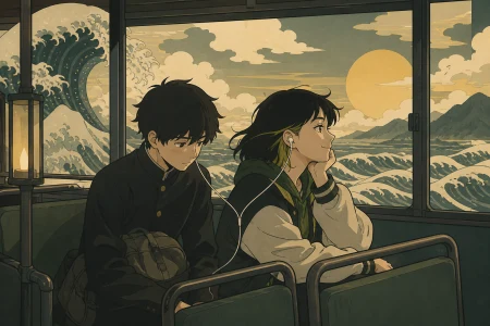 A shy teenager sharing headphones with a classmate on the bus, during a small emotionally honest moment rather than a grand event. Observational side view that feels candid rather 