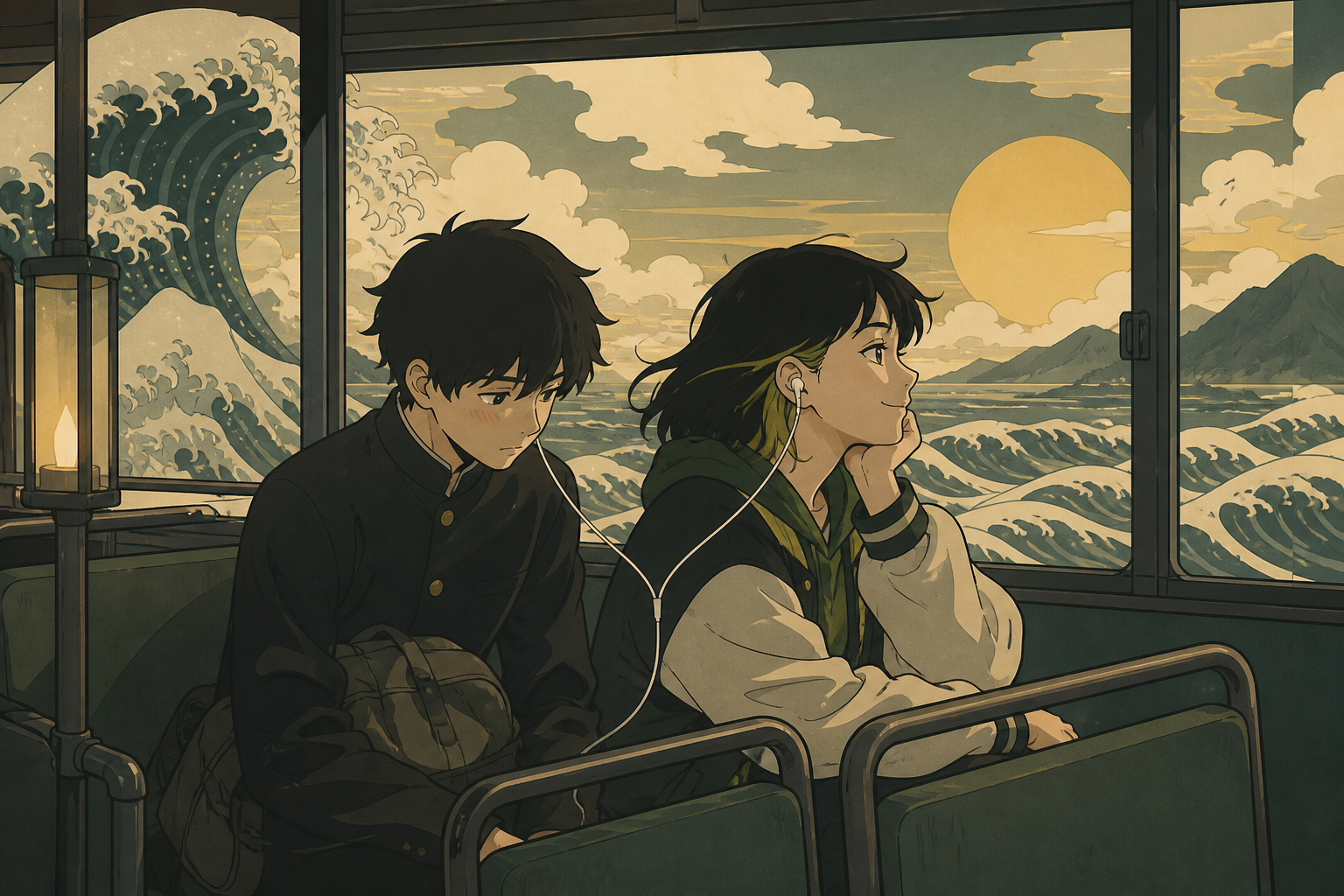 A shy teenager sharing headphones with a classmate on the bus, during a small emotionally honest moment rather than a grand event. Observational side view that feels candid rather than posed. Moss green, slate gray, mush
