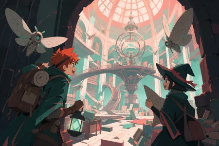Two treasure hunters navigating a library patrolled by stone moths, at the first reveal of a spectacular unexplored chamber. Over-the-shoulder discovery frame revealing a large nav