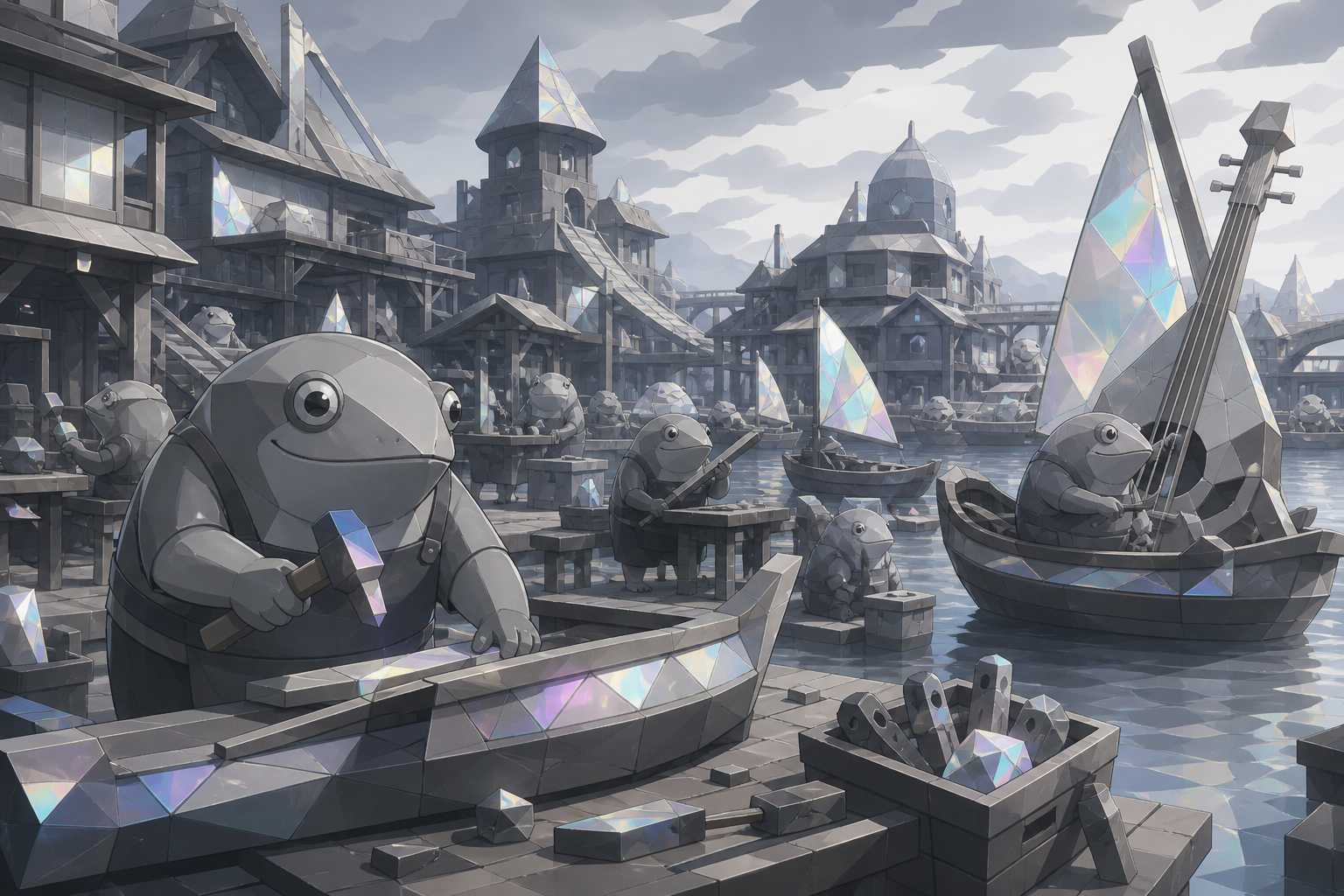 A riverside town where round amphibian artisans build musical boats, during an ordinary busy period full of recognizable routines. Street-level view immersed in the society's everyday architecture. Monochrome graphite wi
