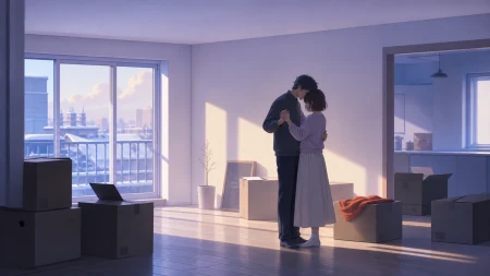 An adult couple slow-dancing while packing an almost-empty apartment, during a bittersweet transition with the environment carrying the emotion. Observational long shot where one s