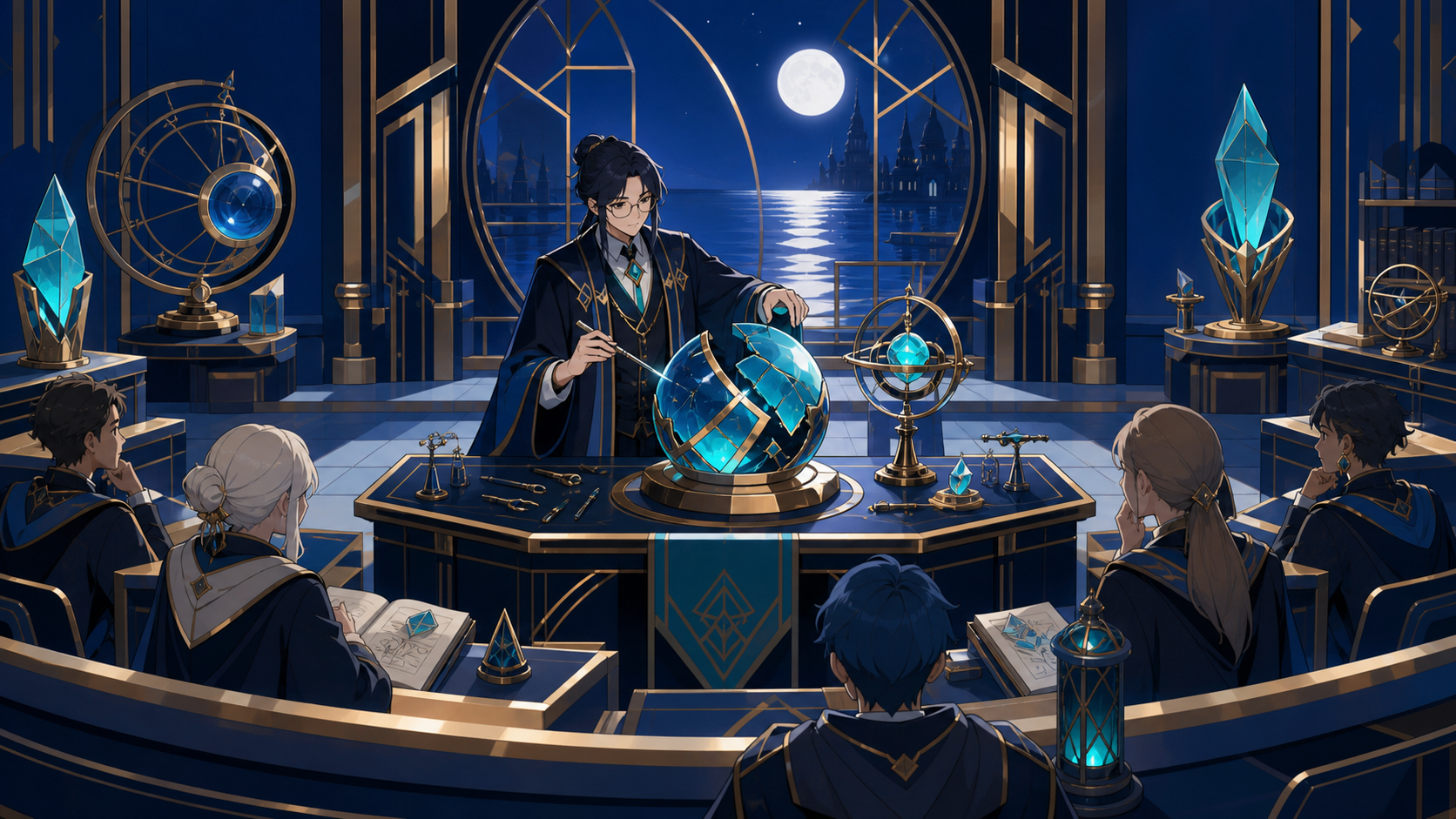 A professor demonstrating ethical spell repair in a practical workshop, shown through practical academic work rather than ceremonial magic. Wide classroom tableau centered on one demonstration. Ultramarine, bioluminescen