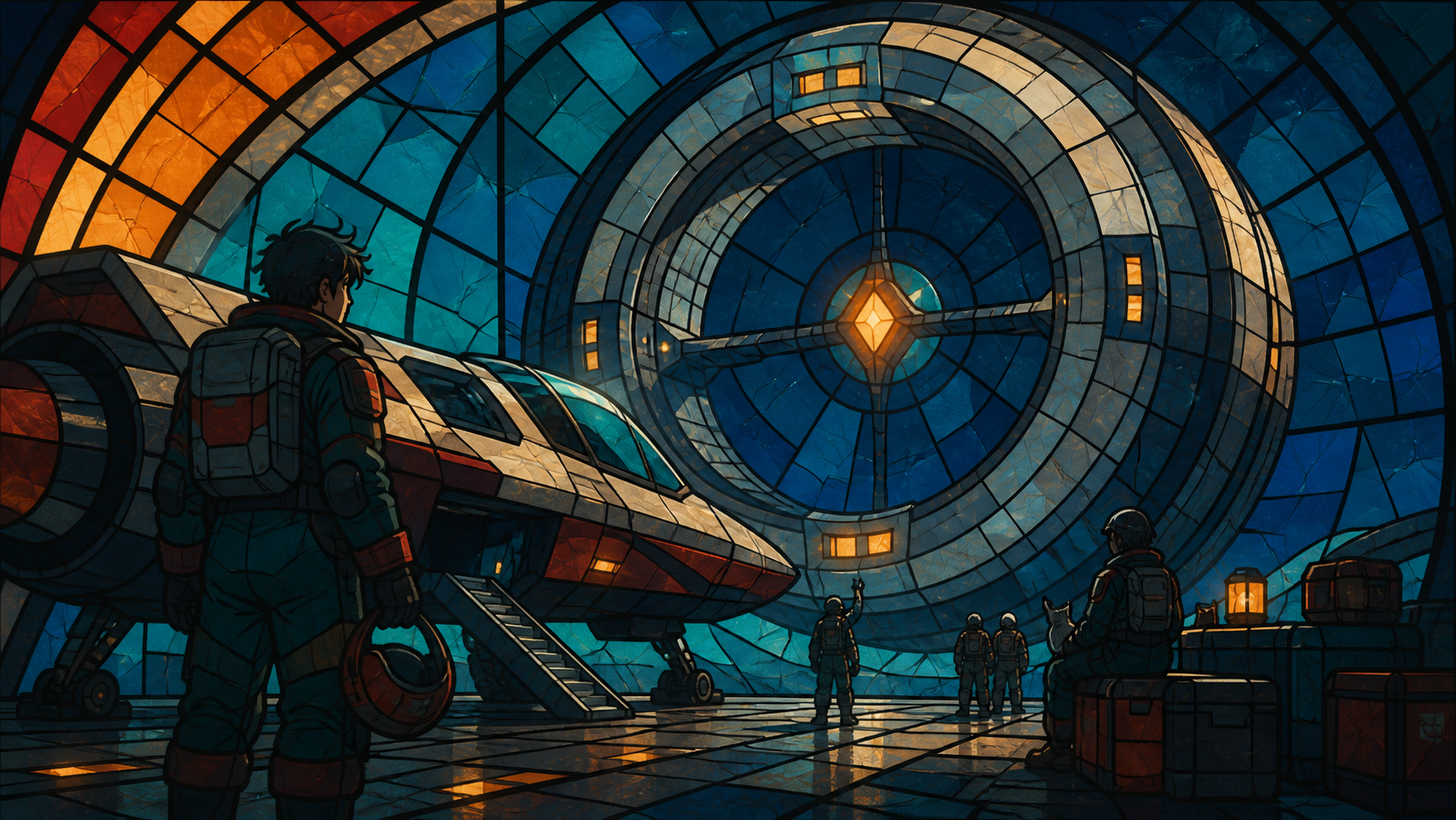 An adult salvage pilot docking with a silent ring-shaped station, at the threshold between routine procedure and genuine discovery. Wide landing tableau with crew, vessel, and discovery in distinct layers. Petrol blue, o