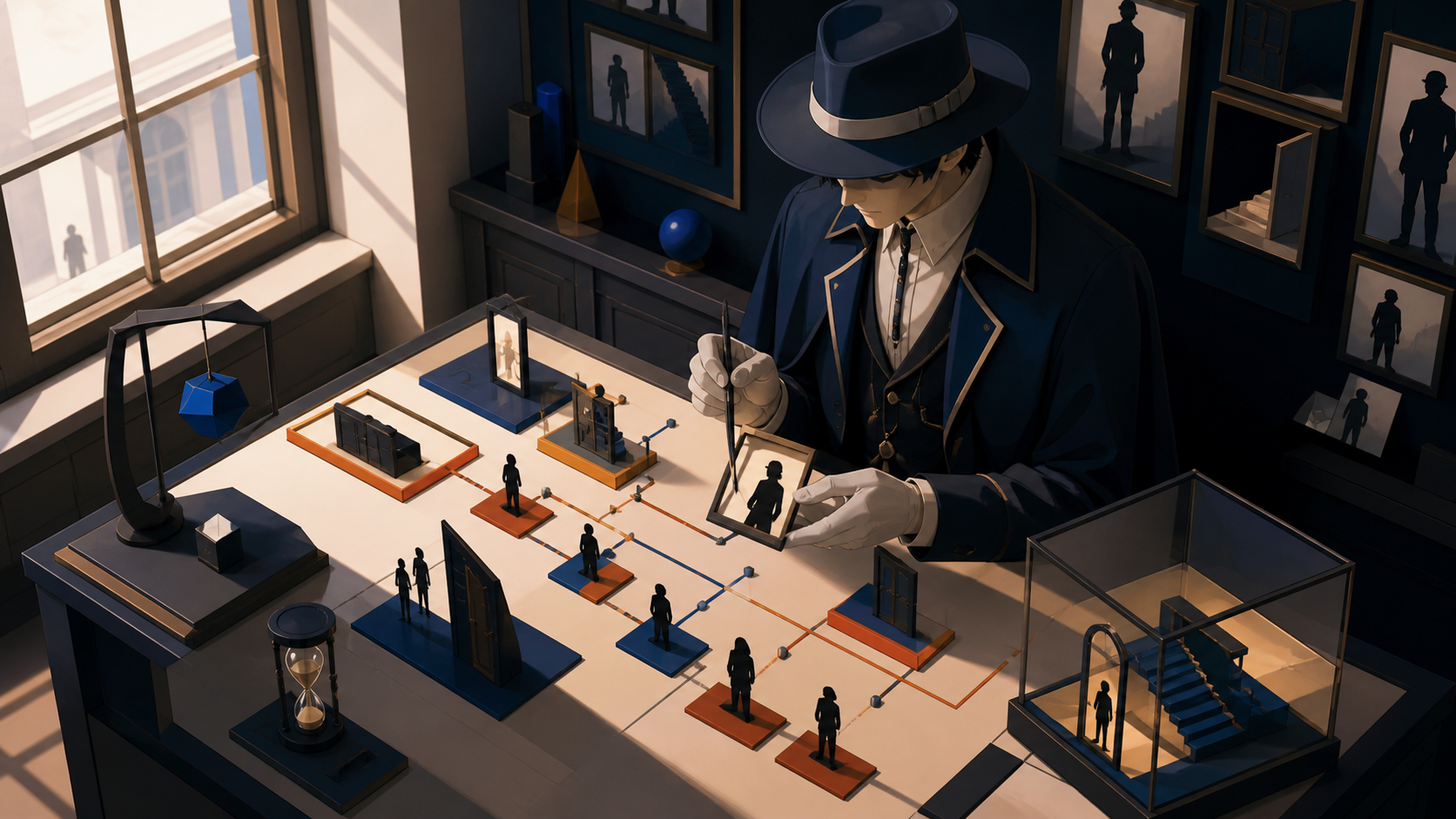 A forensic magician cataloging shadows that belong to missing people, inside a precise but surreal investigation scene with no violence shown. Graphic high-angle investigation tableau with clues forming a visual path. Co