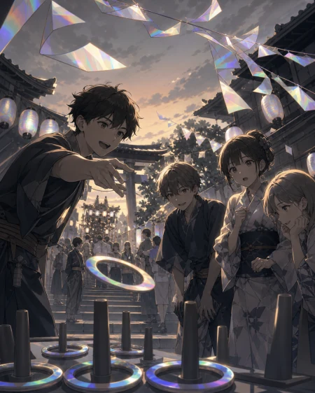 Teen friends competing at a ring-toss stall before the evening parade, as a sudden breeze sends paper decorations moving in unison. Low-angle parade view framed by lantern lines an