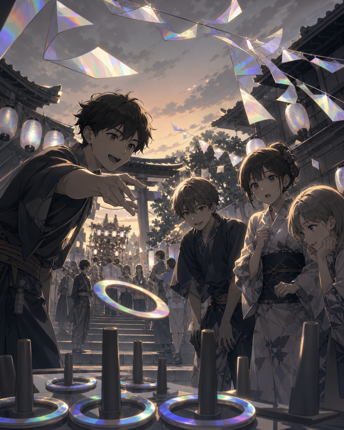 Teen friends competing at a ring-toss stall before the evening parade, as a sudden breeze sends paper decorations moving in unison. Low-angle parade view framed by lantern lines and rooftops. Monochrome graphite with sel
