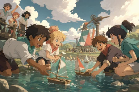 Children guiding handmade mini sailboats across a park pond, after an unexpected result brings both sides together. Reaction-focused ensemble with the competition visible beyond. S