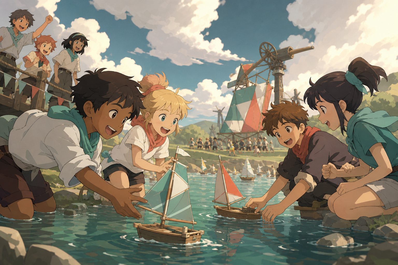 Children guiding handmade mini sailboats across a park pond, after an unexpected result brings both sides together. Reaction-focused ensemble with the competition visible beyond. Sea-glass green, faded coral, storm gray,