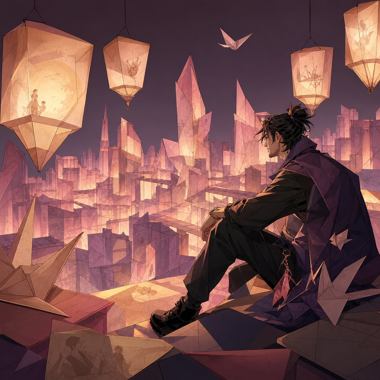 A city assembled entirely from folded memories represented as translucent paper, expressed as a visually coherent editorial artwork with no written explanation. Bold gallery-poster composition with no typography. Muted r