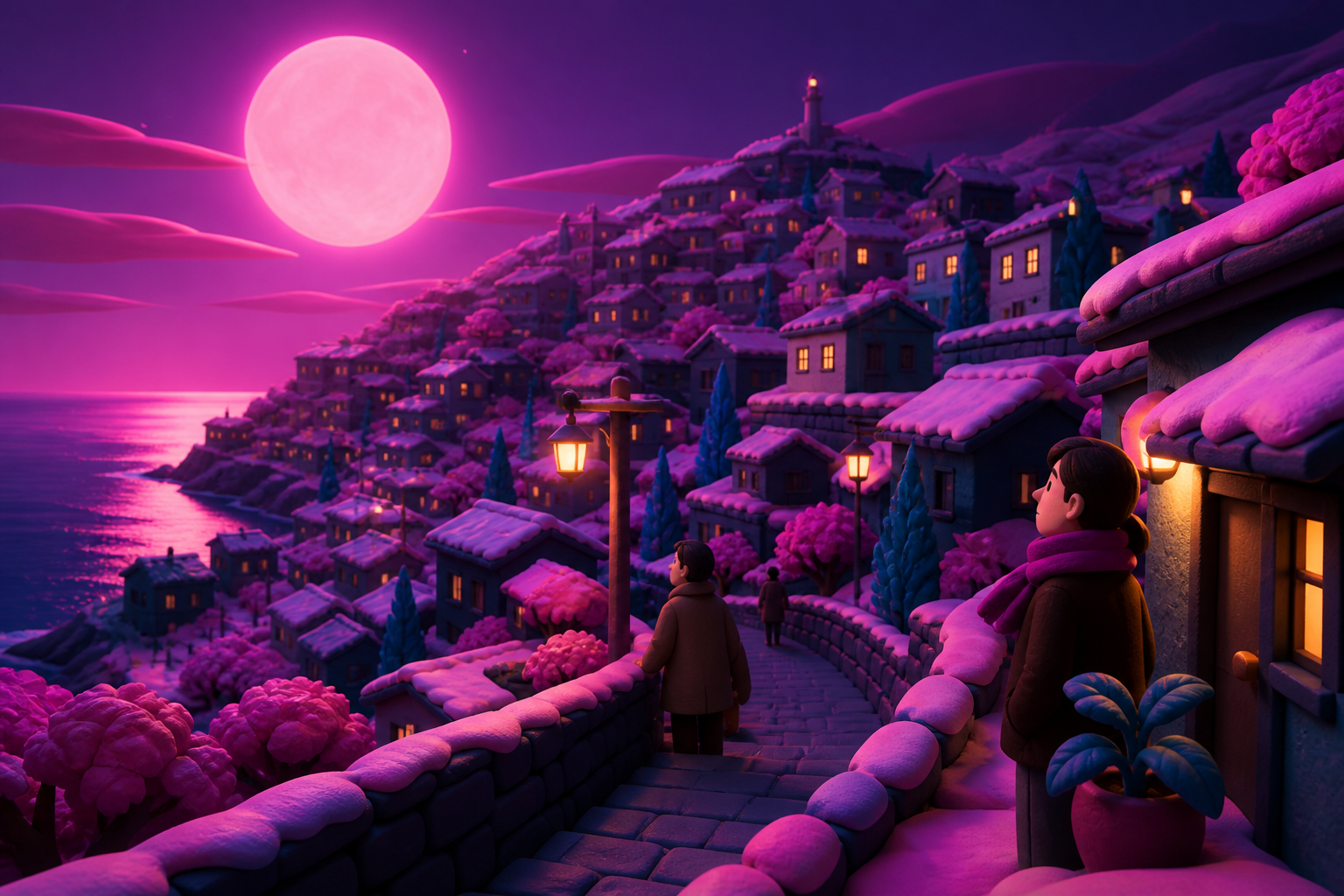 A hillside town waking beneath the first impossible pink snowfall, shown during a fleeting natural event residents quietly anticipate each year. Vertical scenic composition following a path through several elevations. Sa