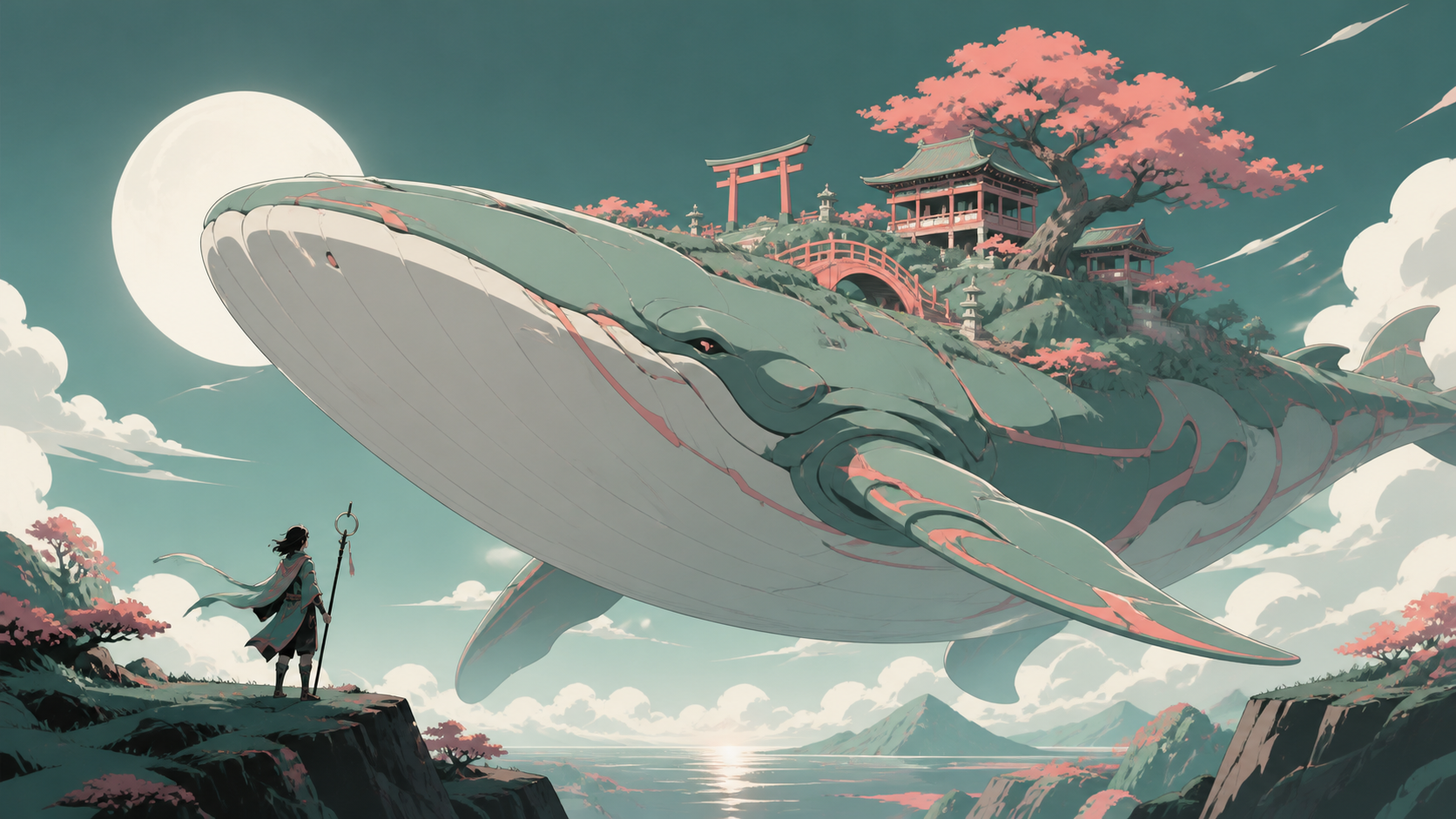 A colossal sky whale carrying a miniature shrine garden on its back, meeting a lone traveler without hostility for the first time. Low-angle encounter framed by terrain and atmospheric depth. Celadon, coral pink, ink bla