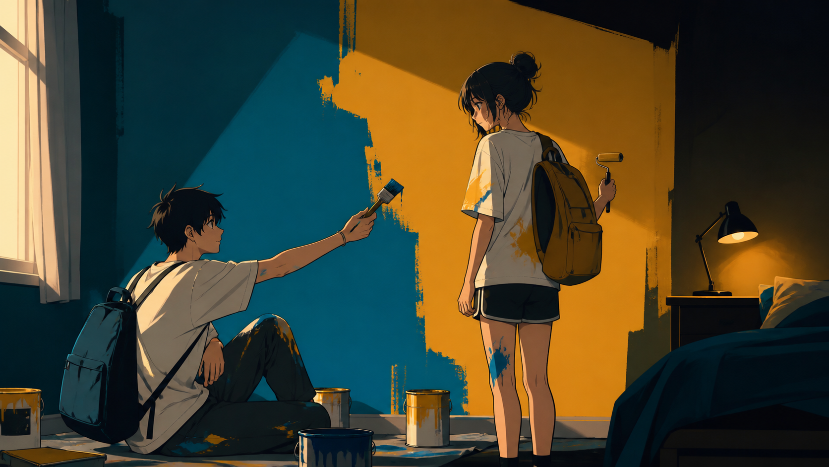 Teen siblings repainting their shared bedroom in clashing colors, as one simple gesture resolves an unspoken misunderstanding. Observational side view that feels candid rather than posed. Saffron, peacock blue, dark umbe